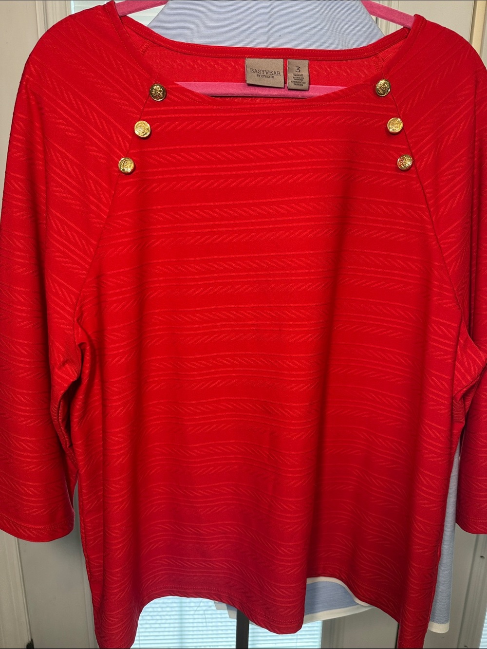 Chico's Red Boatneck Top with Gold Button Detail